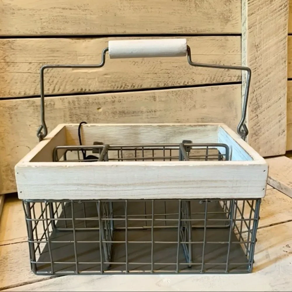 NWT Rae Dunn Let’s eat Caddy Utensils Organizer wire Wood Handle Big Lettering